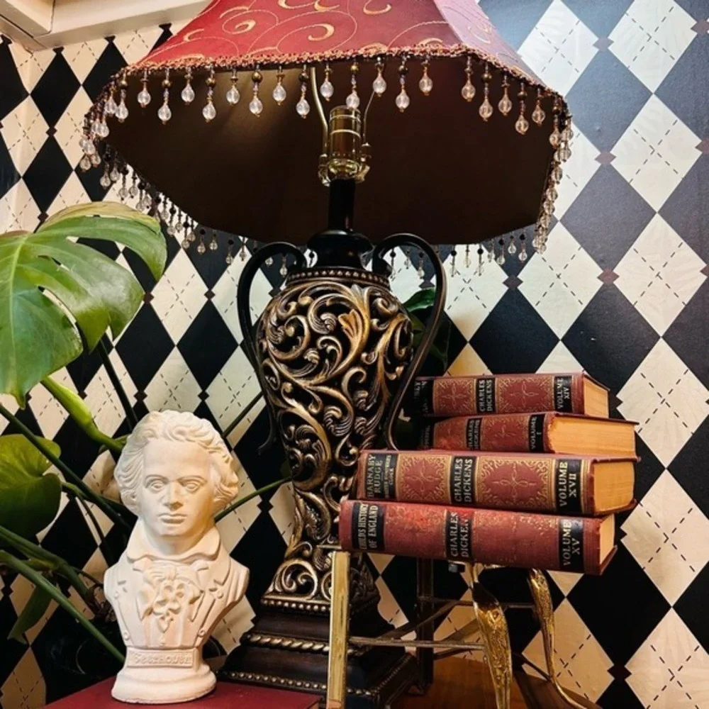 Moody Vintage Table Lamp‎ with Deep Burgundy Shade| Ornate Baroque Decor